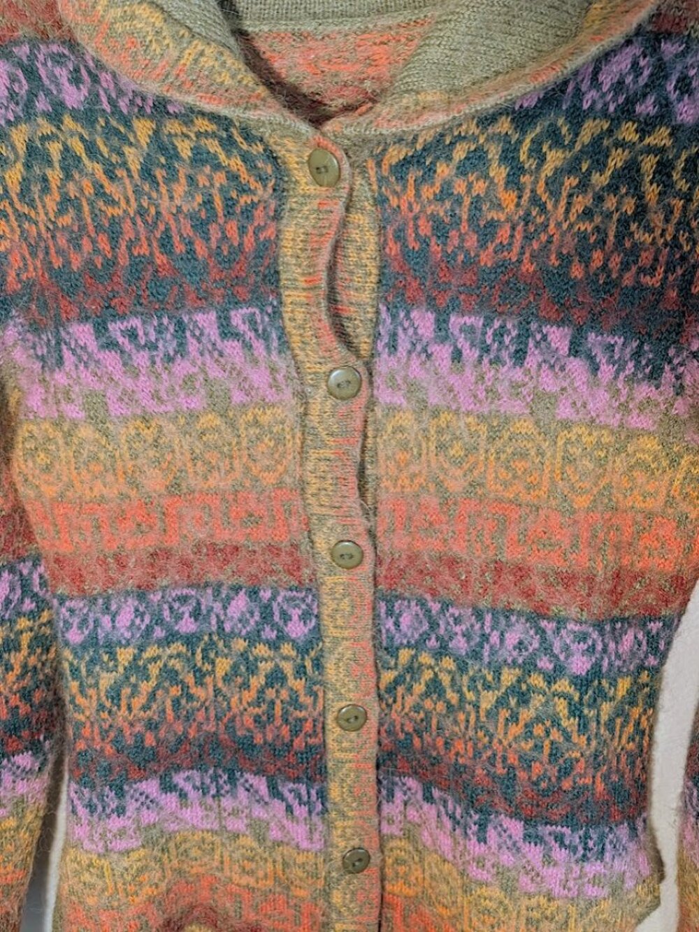 Vintage Fair Isle Cardigan Sweater Multicolor Knit Shawl Collar Boho Cottagecore - Picture 5 of 9